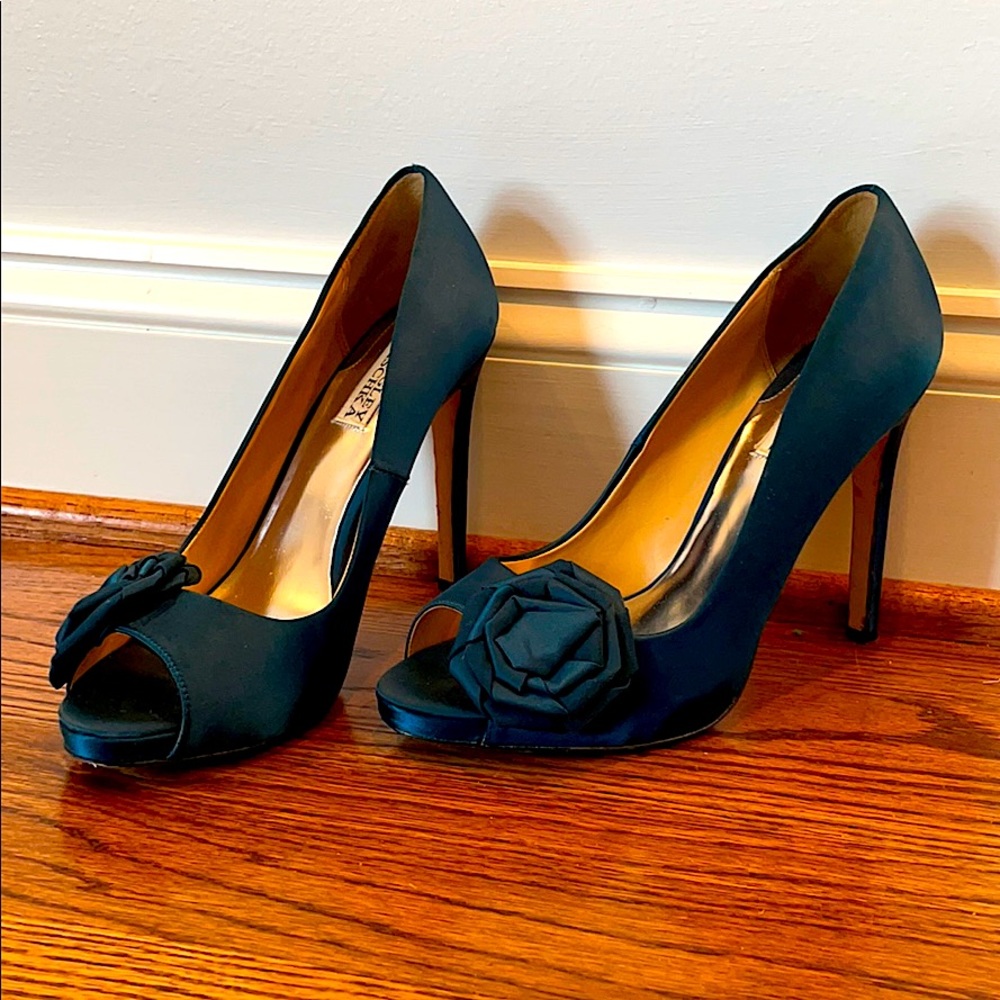 Dark teal Badgley Mischka rose peep toe pumps